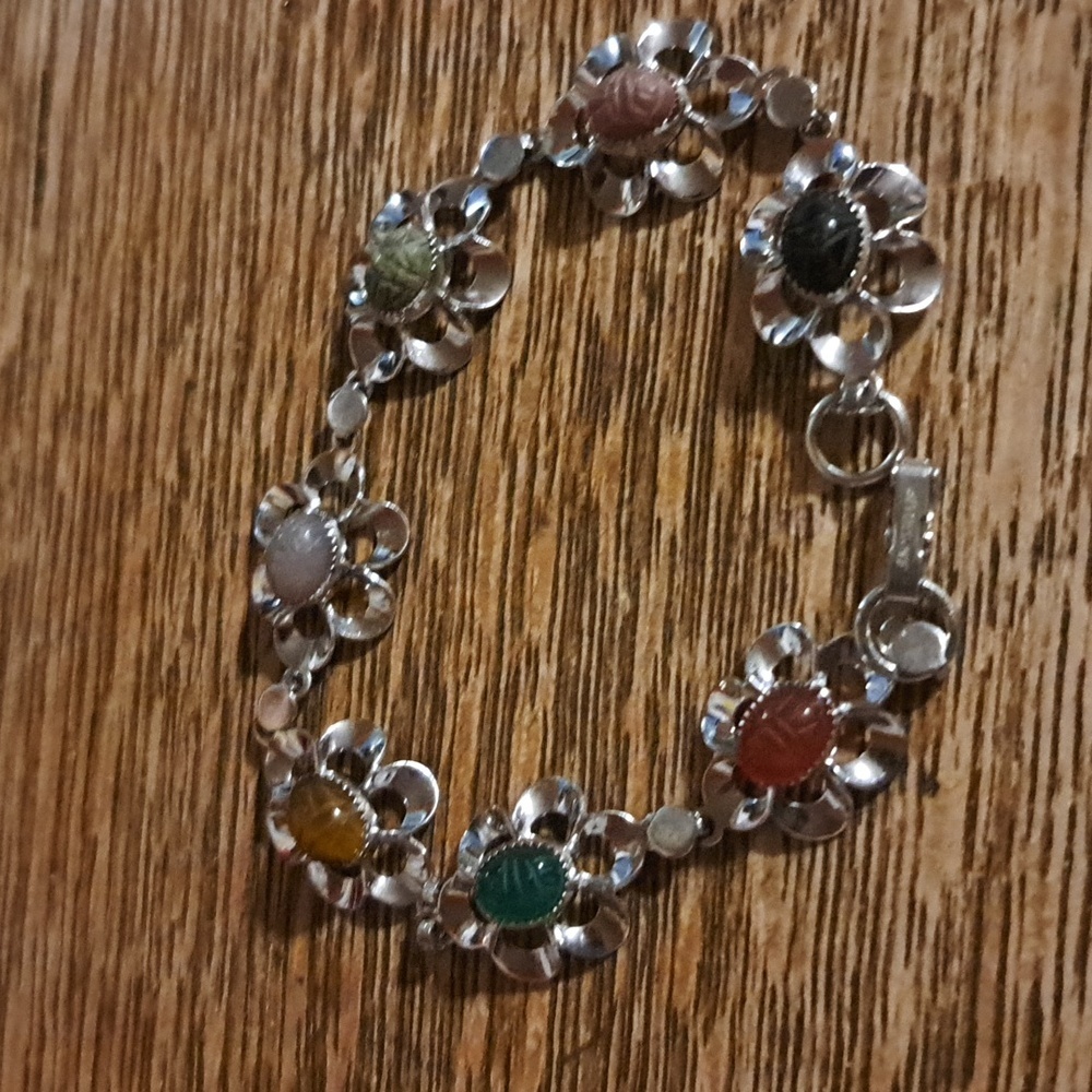 Beau Sterling Beetle Scarab Flower Bracelet